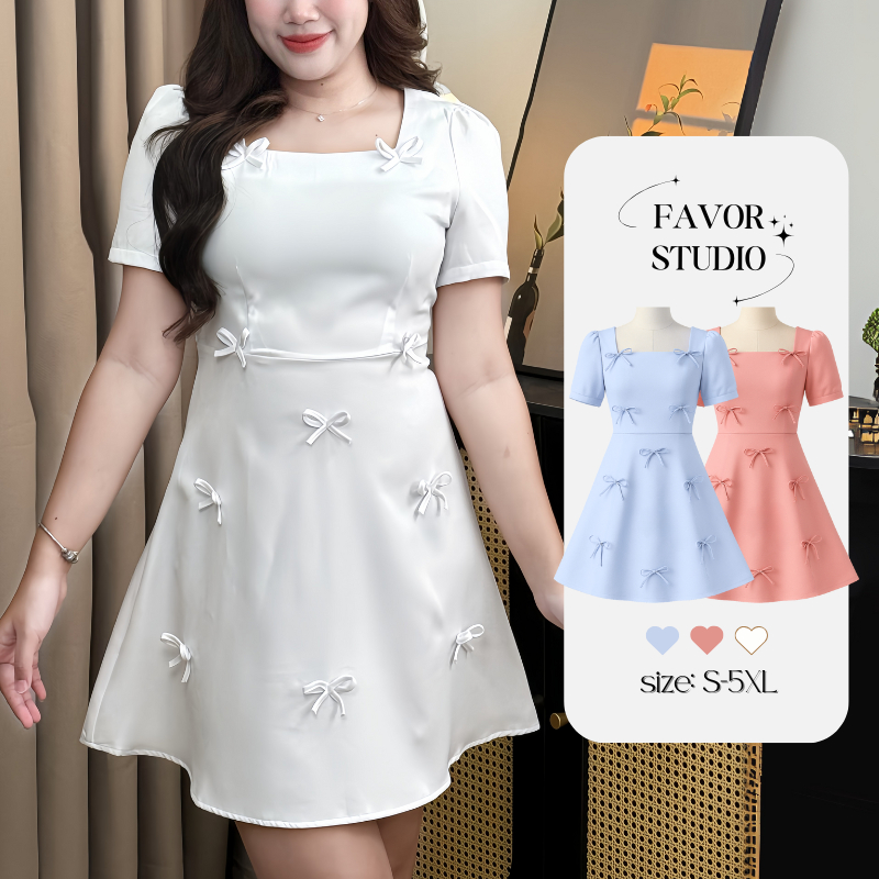 【S-5XL】 ✨ใหม่✨ เดรส A-Line ดีเทลโบว์ คอเหลี่ยม สไตล์เกาหลี เดรสออกงาน สำหรับสาวพลัสไซซ์