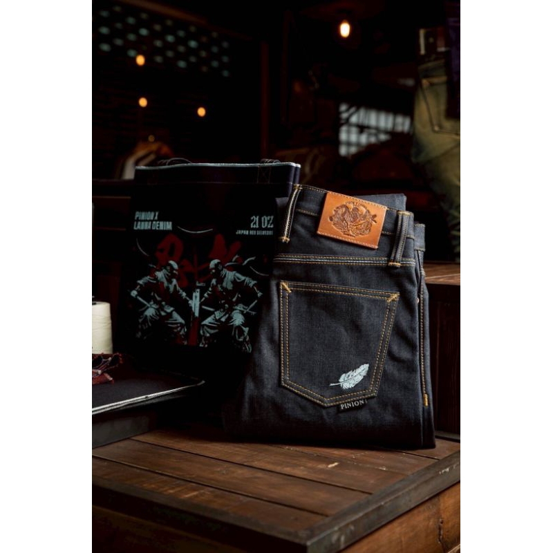 pinion X Lanna denim 21ozรุ่น PINION X LANNA DENIMรุ่น🥷ผ้านินจา ปักขาวwhite  Limited มีกะบอกเล็ก,กระ