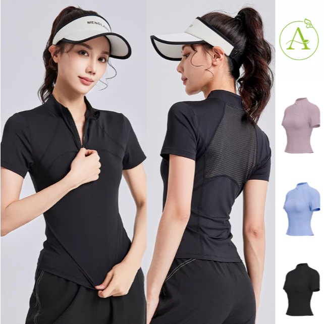 ArayaLady เสื้อกีฬาแขนสั้น เสื้อออกกำลังกายผู้หญิงทรงเข้ารูป แต่งซิปคอเสื้อ ทรงสวยใส่สบาย รุ่น AT-JYWD018