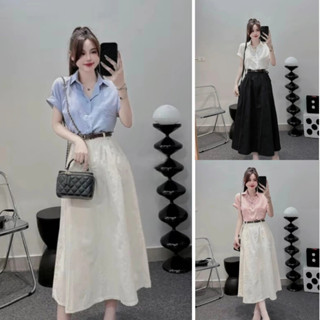สินค้าพร้อมส่ง ชุดเซตกระโปรง สไตล์ผู้ดี เสื้อเชิ้ตแขนเบิ้นกร…
