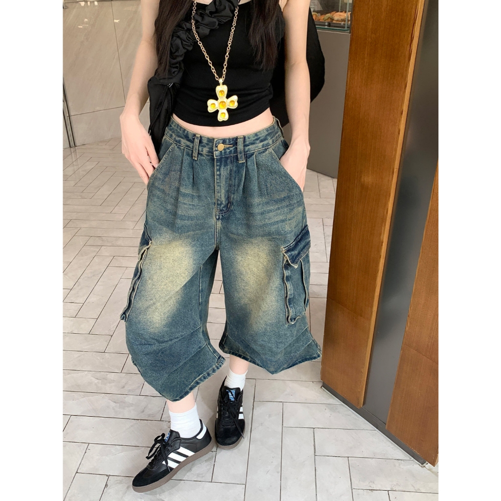 กางเกงยีนส์ผู้หญิง กางเกงยีนส์คาร์โก้ สไตล์Y2K งานจีบด้านหน้า กระเป๋าใหญ่ งานจับจีบด้านข้าง #1501191