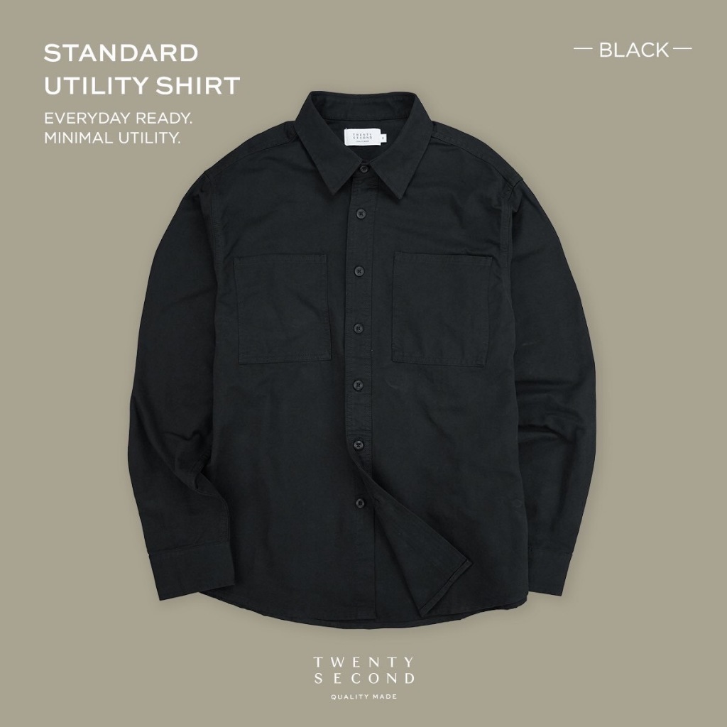 TWENTYSECOND เสื้อเชิ้ตแขนยาว ผ้าคอตต้อนทวิล 2 กระเป๋า รุ่น Standard Utility Shirt - ดำ / Black