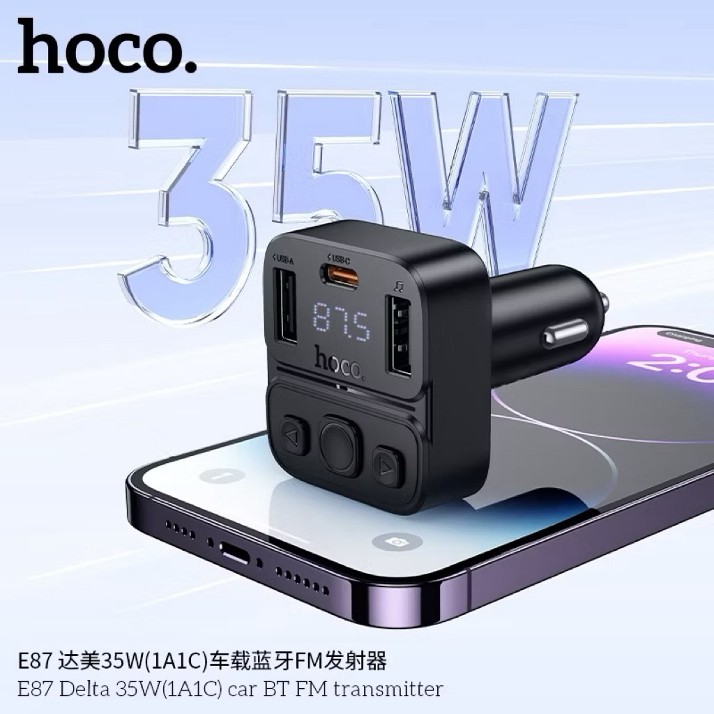 SY บลูทูธรถยนต์ HOCO E87 Bluetooth 5.4 รองรับสัญญาณ FM รองรับการชาร์จ PD20W + 35W จอดิจิตอล LED