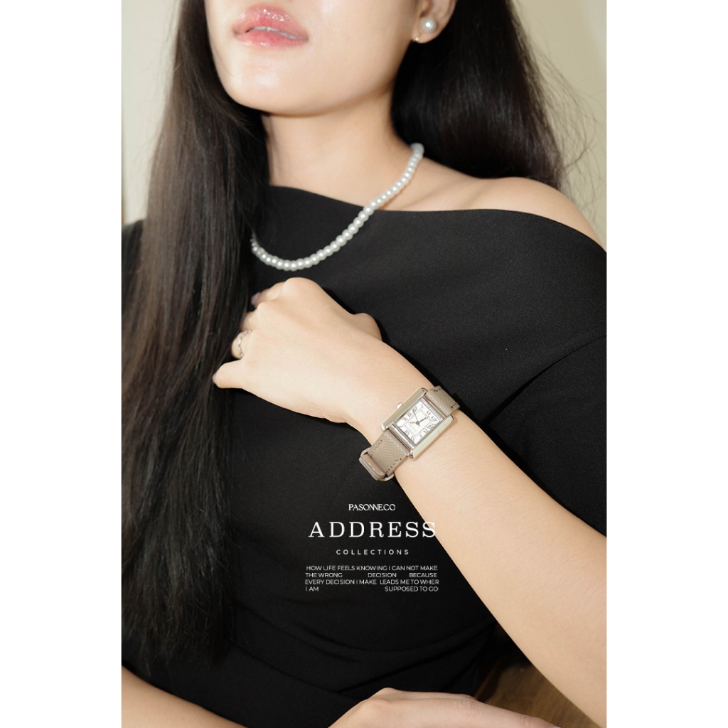 pasonne.co นาฬิกาข้อมือ รุ่น address ทรงเหลี่ยมคลาสิค สายหนังเทียมสไตล์วินเทจ