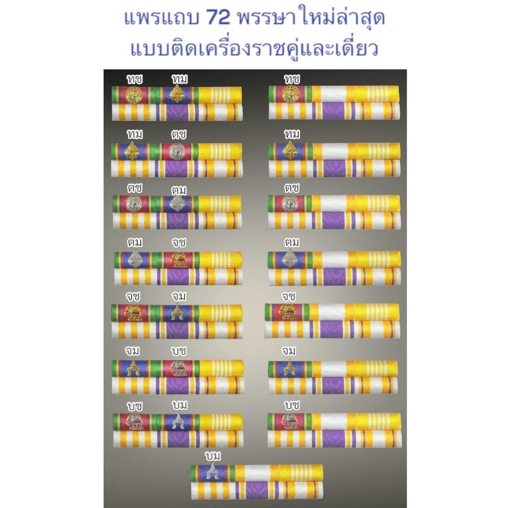 แถบแพรเครื่องราชประดับคู่และเดี่ยวแบบใหม่ล่าสุด ผ้าแพรนูนขาหลังเข็มกลัดและแม่เหล็ก