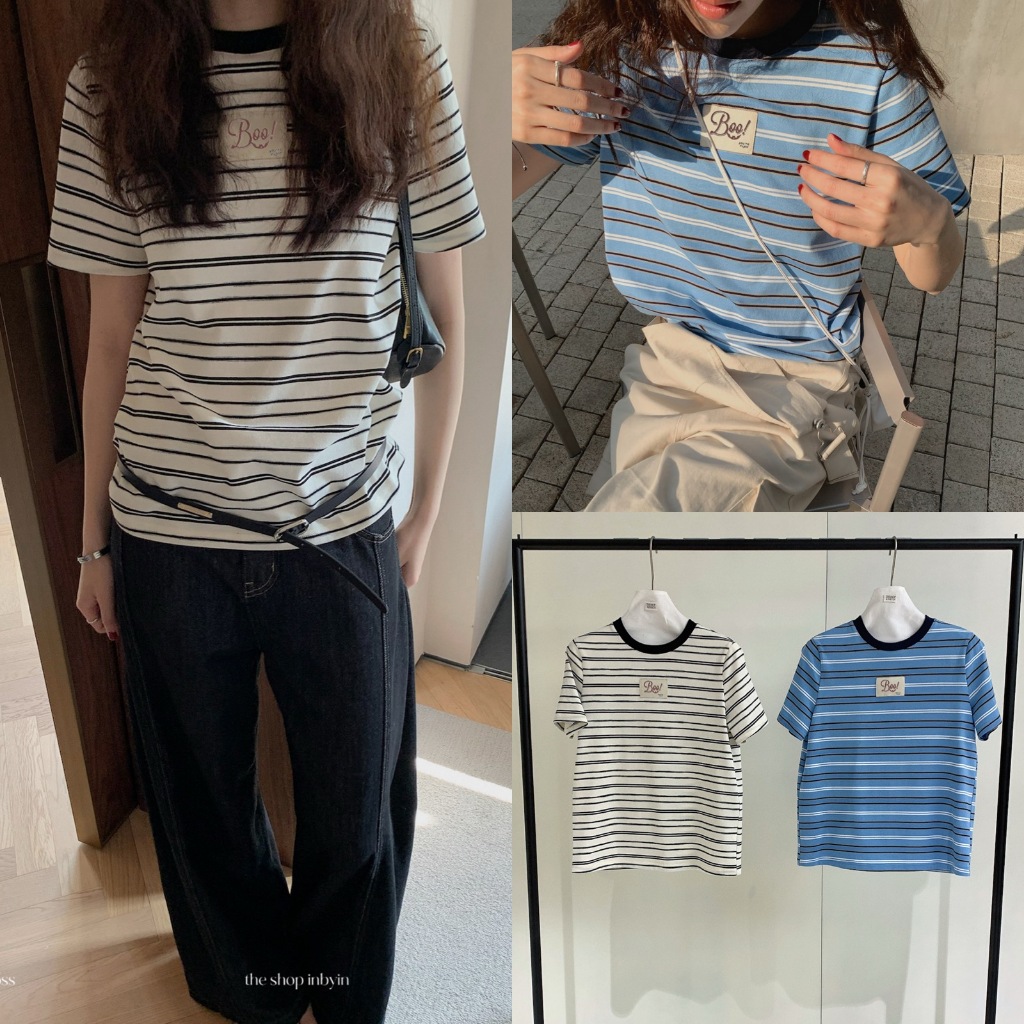 I2920 เสื้อยืดแขนสั้นคอกลม ลายขวาง แต่งโลโก้ที่อกแฟชั่นเกาหลี TAG KOREA