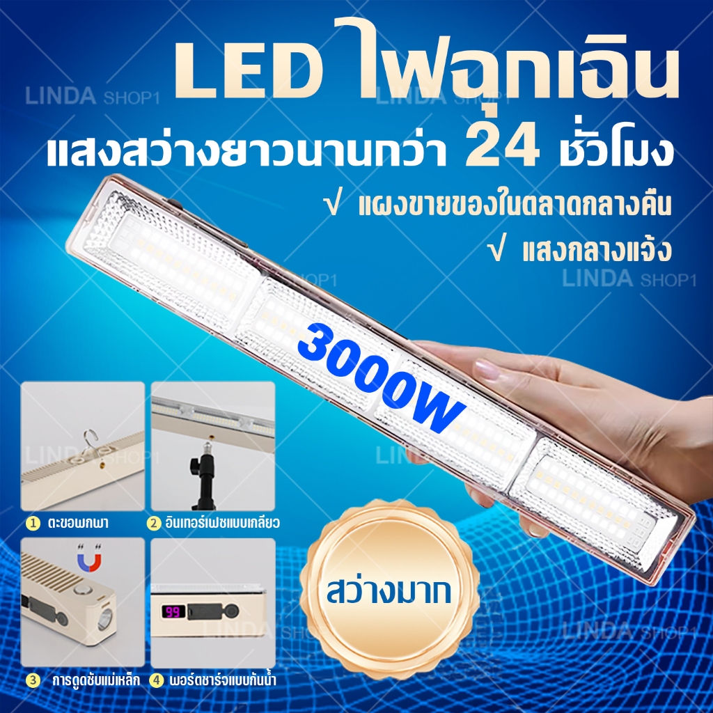 ไฟฉุกเฉินพกพา 3000W หลอดไฟติดผนังTYPE-C 💡สว่างจริง 💡ปรับได้ 6 โหมด สำหรับเดินป่า ตั้งแคมป์ ชาร์จไฟบ้าน ระดับกันน้ำ IP65