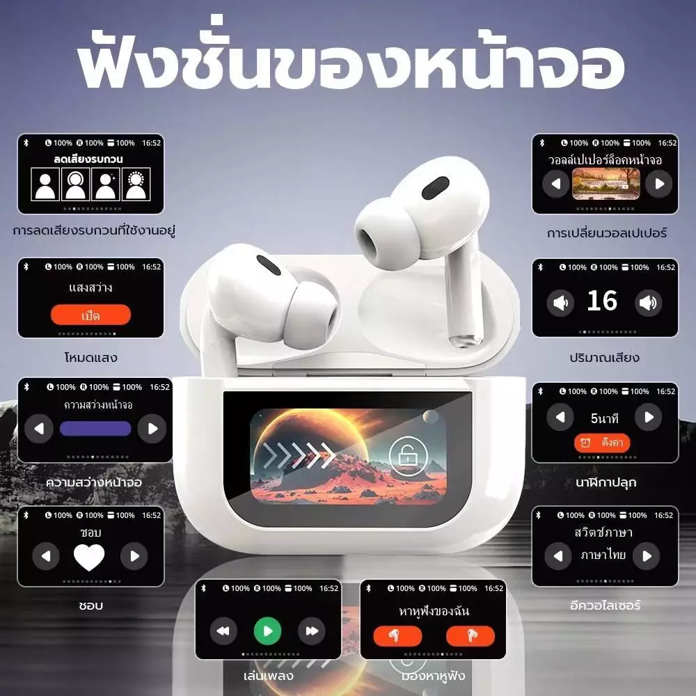 หูฟังบลูทู ธ A9 Pro พร้อมหน้าจอสัมผัสแบบเต็มจอ LCD 35DB หูฟังลดเสียงรบกวนความลึกเข้ากันได้กับเสียงเซอร์ราวด์ 5.4