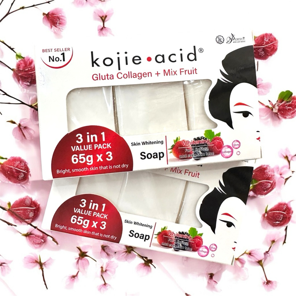 Kojie acid Gluta Collagen+Mix Fruit สบู่โคจิกลูต้าคอลลาเจน กล่อง 65x3g.