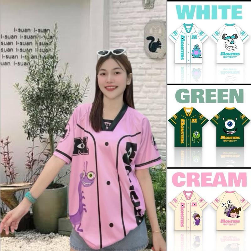 ( N133 ) เสื้อยืด ลายกระดุมการ์ตูน Monsters คอวีปิด Sport มีไซส์ L-3XL
