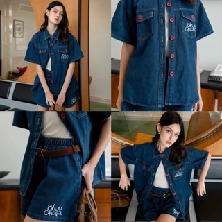 CHUUCHOP - (M-XL) Redvelvet denim set ชุดเซ็ทยีนส์ เสื้อแขนสั้นเเละกางเกงขาสั้นยีนส์ ได้สองชิ้น (C8320