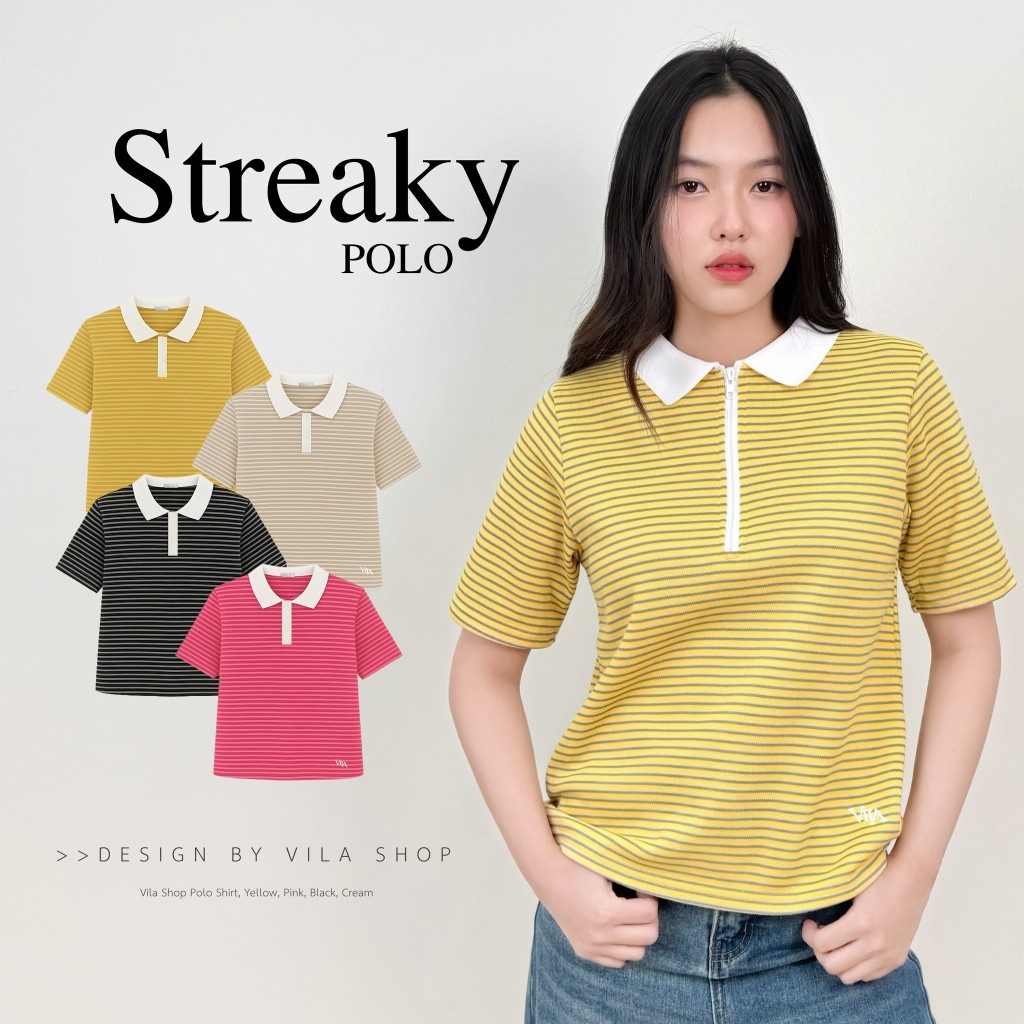 VL101 Streaky POLO เสื้อโปโลซิปหน้า ป้าย VILA