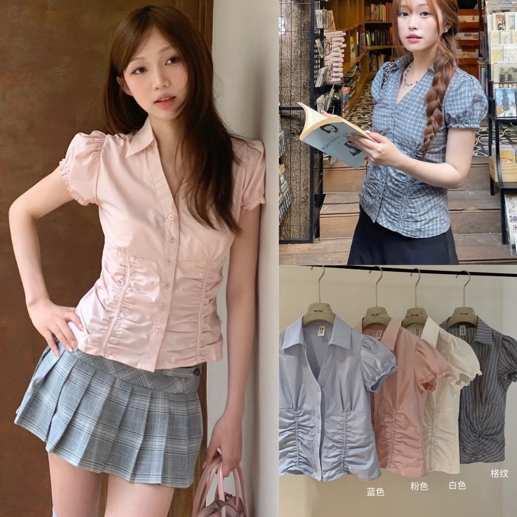 🧡🧵 🇰🇷 W5474 เสื้อแขนตุ๊กตา แต่งปกและชายเสื้อ ดีเทลมีจับจีบที่ตัวเสื้อ  ผ้แฟชั่นเกาหลี TAG WG.WE 🧵🧡