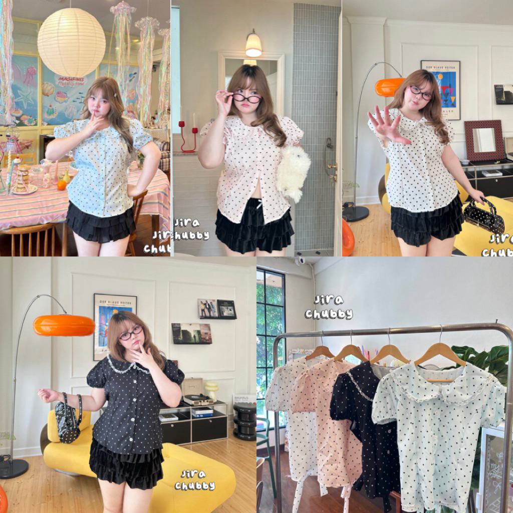 เสื้อลายจุดสุดฮิตสาวอวบ ตัวปกเป็นทรงคอบัวแต่งลูกไม้ ตัวเสื้อเป็นแบบผูกหลัง จับจีบข้างหน้า ดูมีเอวสุดๆ