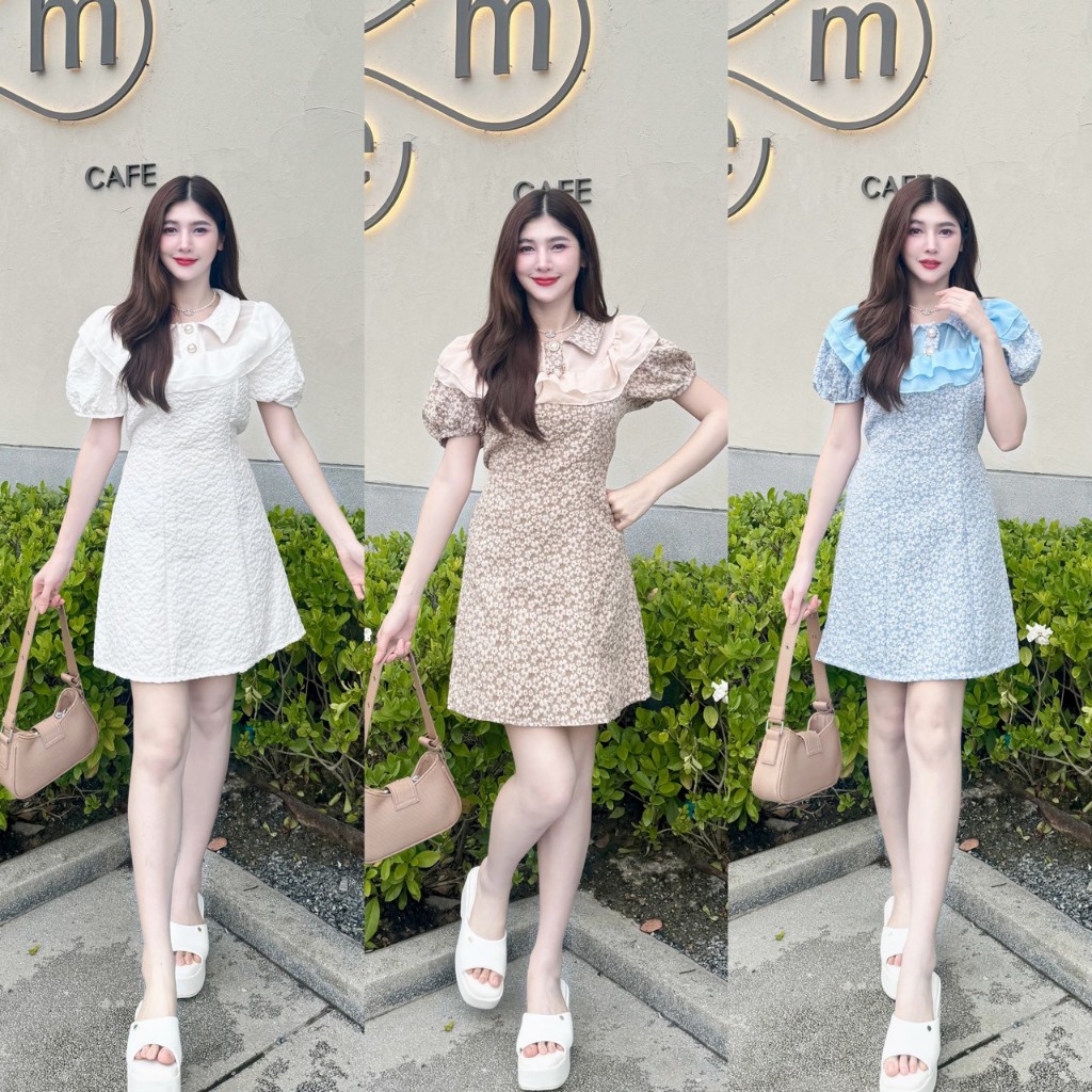 พร้อมส่ง เดรสแขนตุ๊กตาคอปกกระดุมมุกแต่งระบายอกพร้อมสายผูก  A1969