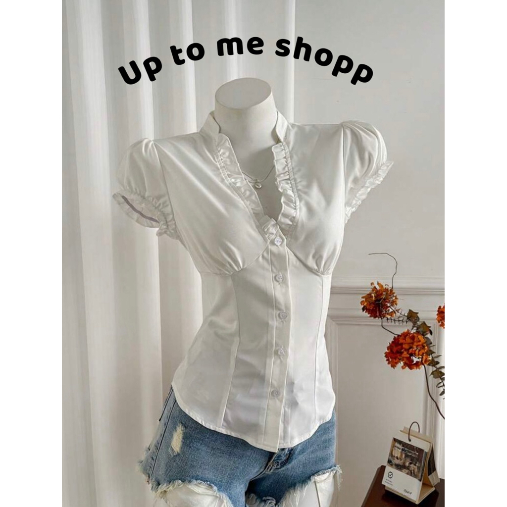 เสื้อเชิ้ตแขนตุ๊กตา น่ารัก แต่งจีบระบาย แบบมินิมอล สีขาว เสื้อเบลาส์ พับเอว สำหรับผู้หญิง