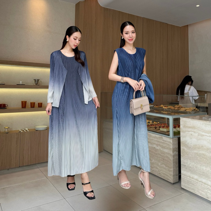 NOOZZSHOP 6911118 ชุดเดรสผ้าพลีท ชุดเดรสพร้อมเสื้อคลุม