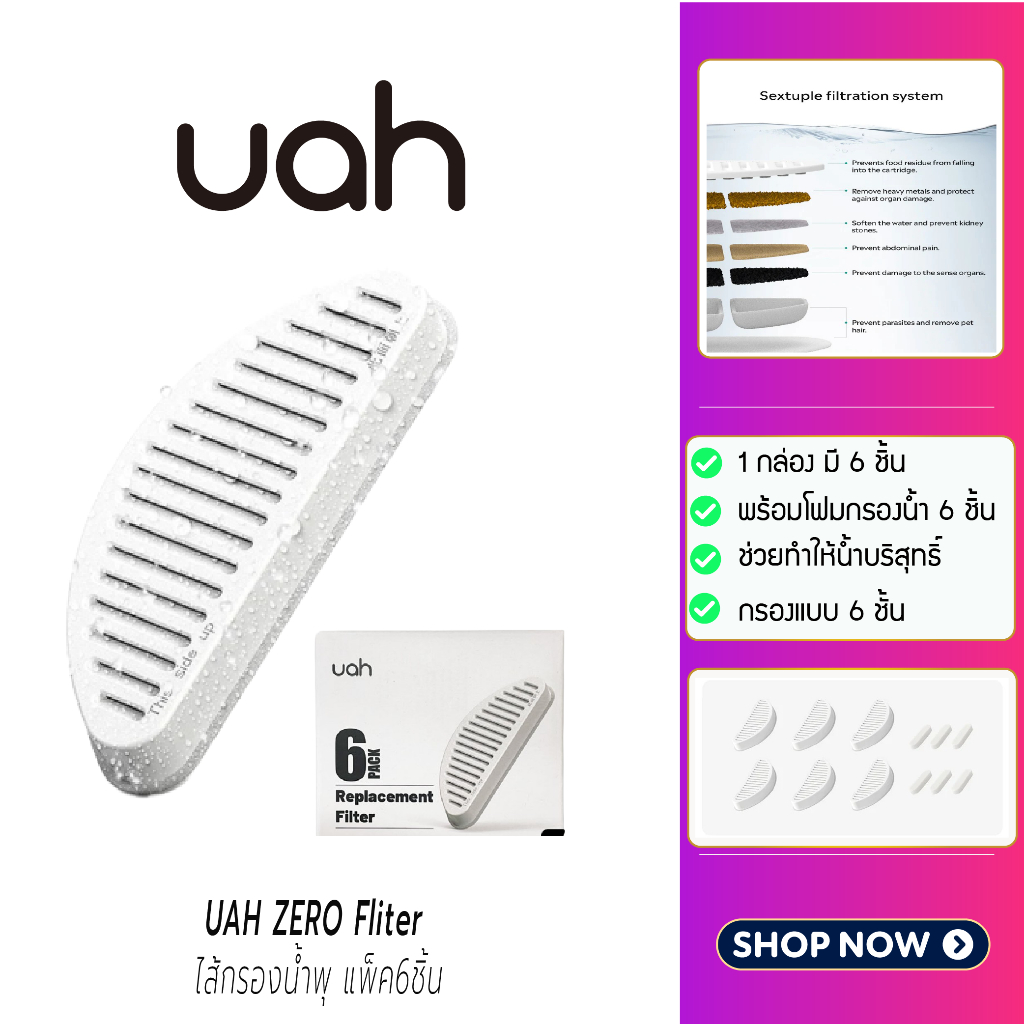 (Y322) UAH ZERO Fliter ไส้กรองน้ำพุ แพ็ค6ชิ้น พร้อมโฟมกรองน้ำ 6ชิ้น แผ่นกรองน้ำพุ
