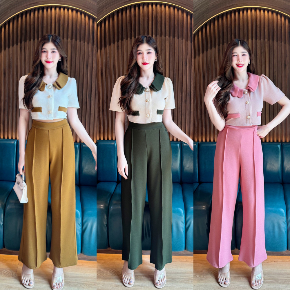 ชุดเซตยาวทรูโทนผ้าวูลเวฟ เสื้อคอบัวแต่ง2ชั้นกระดุมมุหน้าแต่งกระเป๋าหน้า+กางเกงตีเกล็ดหน้าเอวเรียบสม็อคหลัง A5250