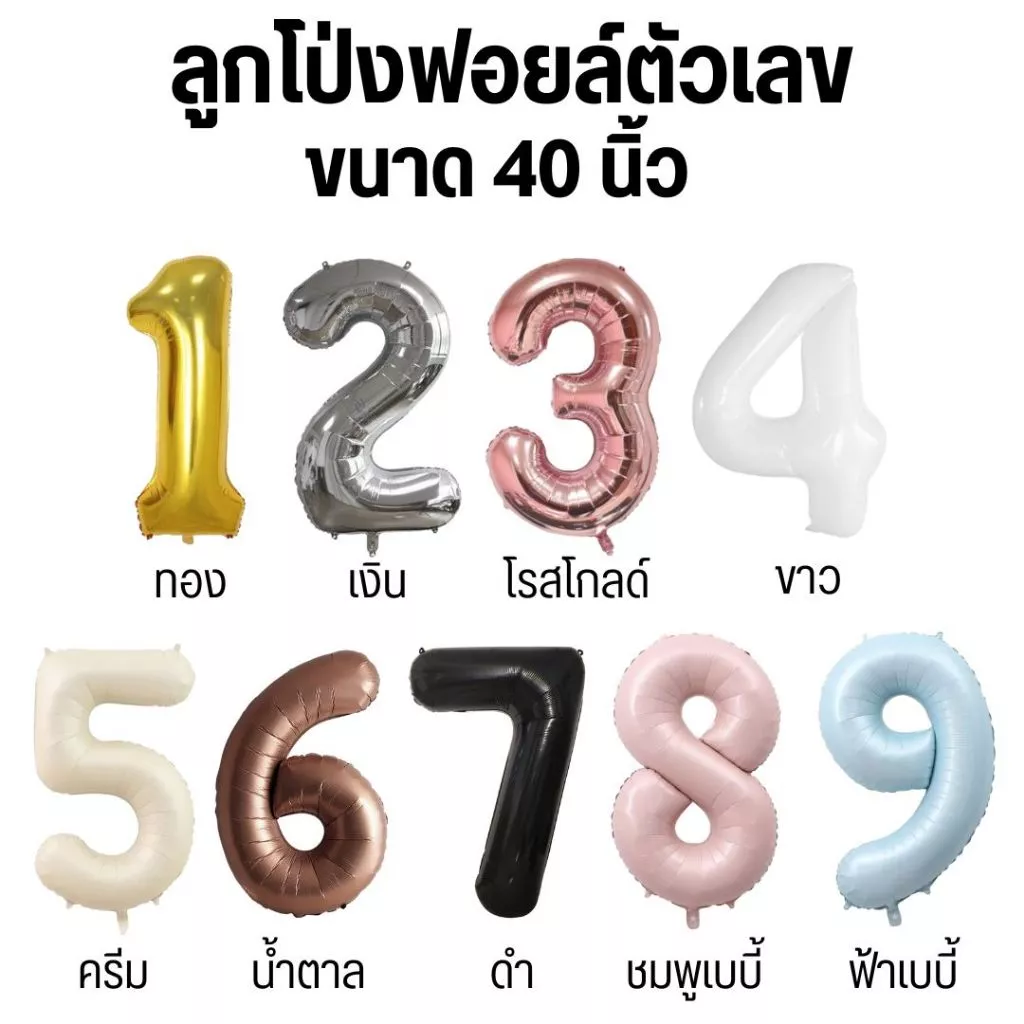 ลูกโป่งฟอยล์ตัวเลข 0-9 ขนาด 40 นิ้ว (9 สี) สินค้าพร้อมส่ง!
