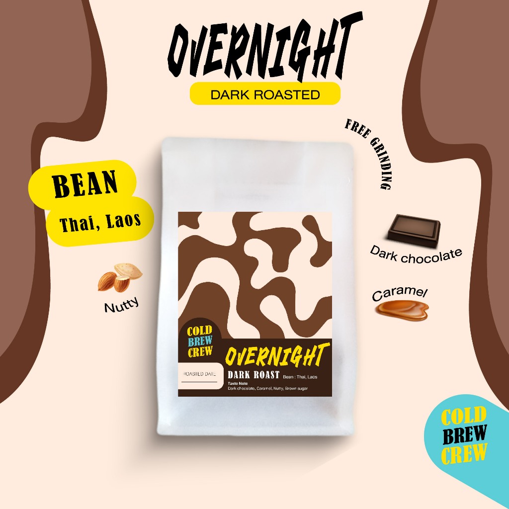 เมล็ดกาแฟ Overnight คั่วเข้ม Brazil Lao เหมาะกับทุกเมนู คนที่ชอบเข้มๆ ไม่เปรี้ยว หอมเข้ม หอมกลิ่นช็อคโกแลตนัตตี้