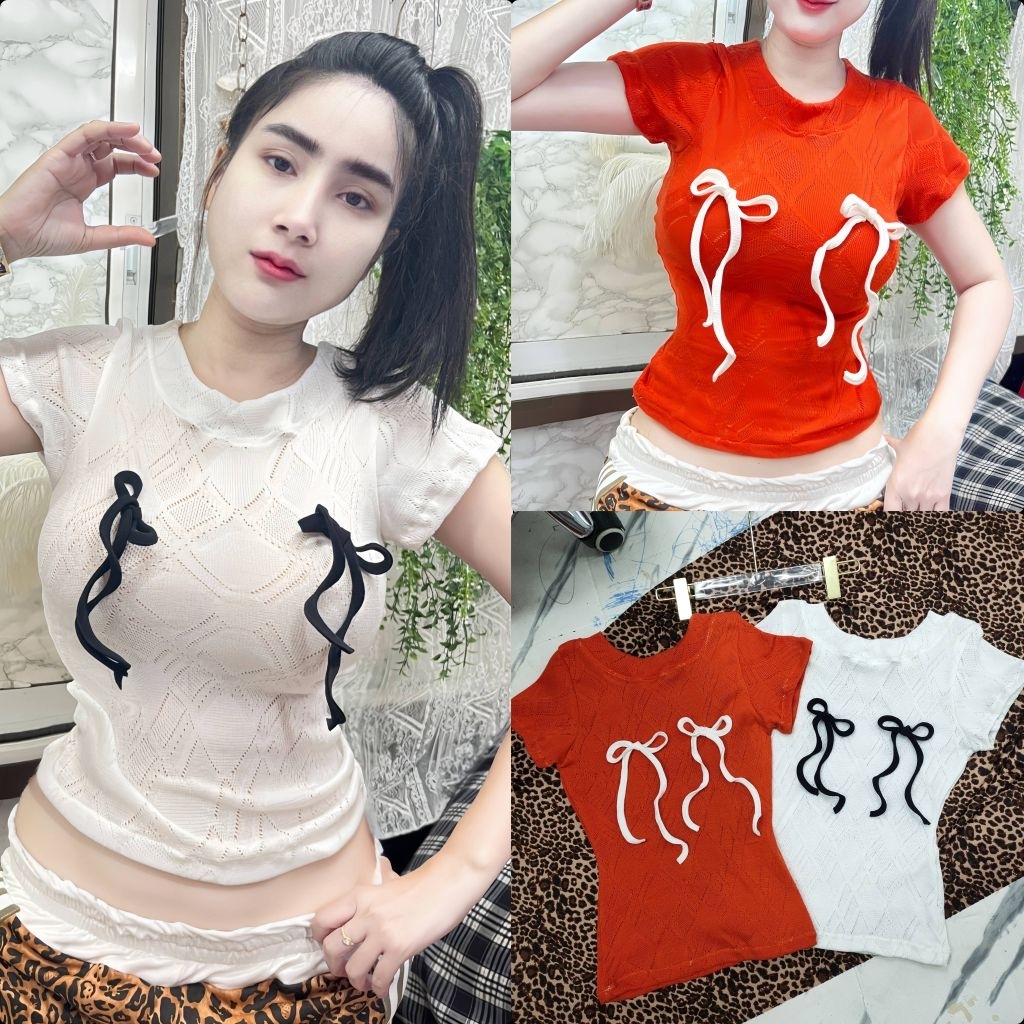 เสื้อไหมพรมฉลุ ติดโบ น่ารัก ผ้ายืดได้เยอะ