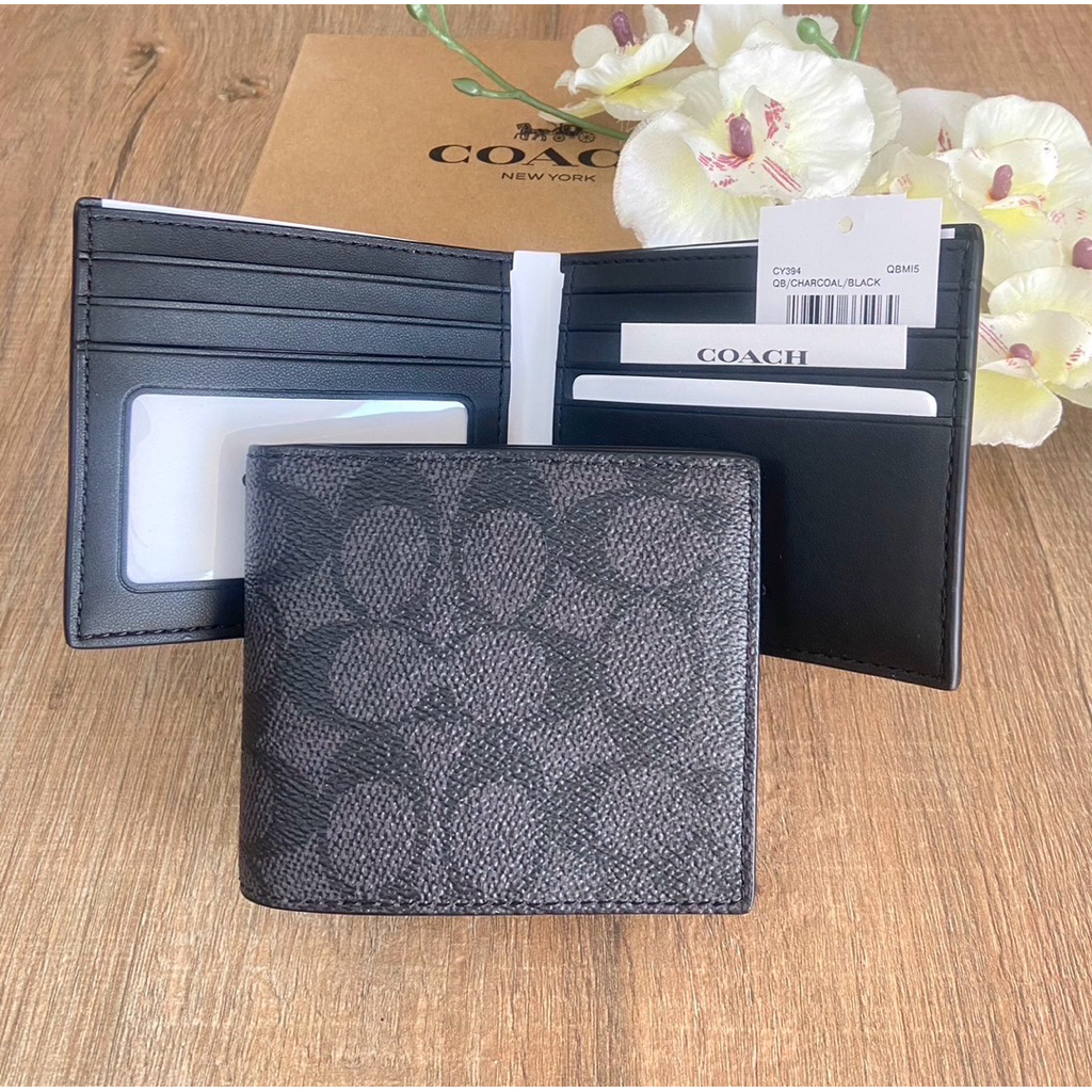 กระเป๋าสตางค์ชาย 2 พับ แบบบาง ลายซีสีเทาดำ Coach Id Billfold Wallet In Signature Canvas CY394