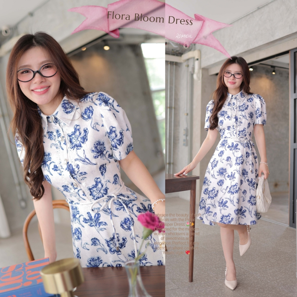 "Romi"Oil" Flora Bloom Dress (Navy Blue) J608 ชุดเดรสสีกรม (คอปกกระดุมเพชรมีเชือกผูกเอว)