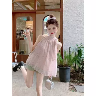 [Sheing office]🌟พร้อมส่ง🌟เสื้อเชิ้ตผ้าชีฟองแขนกุดคอฮอลเตอร์ลายดอกไม้สำหรับผู้หญิง เสื้อเปิดไหล่ช่วงฤดูร้อน