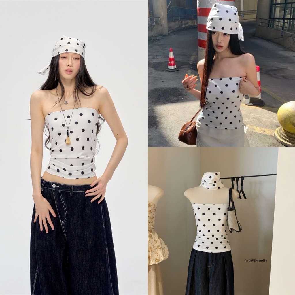 พร้อมส่ง 📌 WG.WE 5894 (S,M) (set2 ชิ้น) เสื้อเกาะอกลายจุด มาพร้อมผ้าโพกหัว เนื้อผ้ายืดอย่างดี