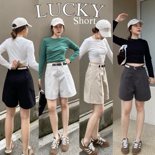 New! LUCKY SHORT กางเกงขาผ้าขาสั้น หูใหญ่ #ฟรีเข็มขัด