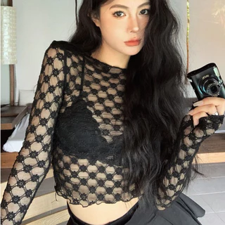 เสื้อถักไหมพรมแขนยาว คอกลม ดีเทลลูกไม้ซีทรู สไตล์เกาหลี แฟชั่น