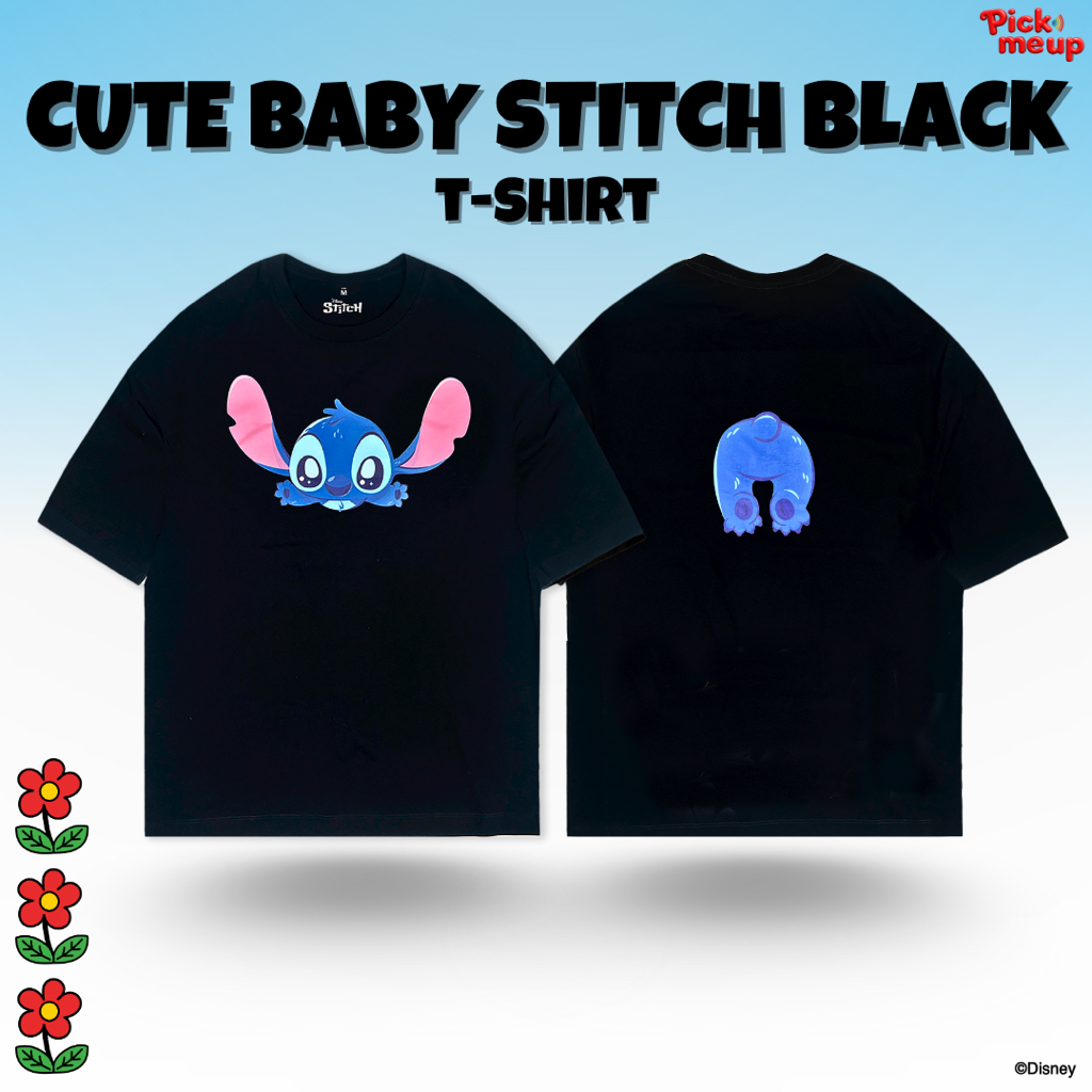 PickMeUp เสื้อยืดพิมพ์ลาย CUTE BABY STITCH BLACK ลิขสิทธิ์ Disney