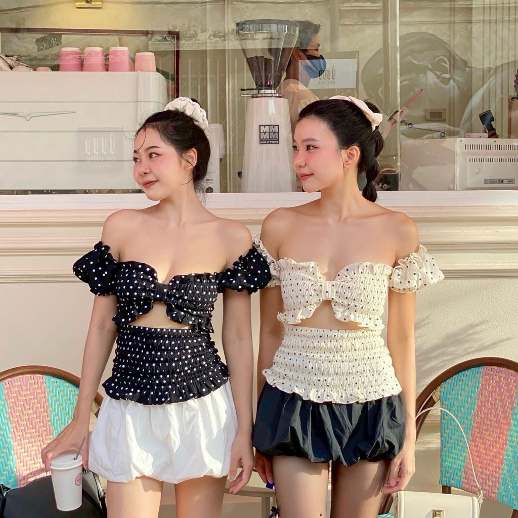 🌼งานป้าย suwimol🌼 SET เสื้อแขนตุ๊กตาเกาะอกระบาย แหวกอกรูปโบว์+กางเกง รุ่นมาการองลายจุด - รูปที่ 6