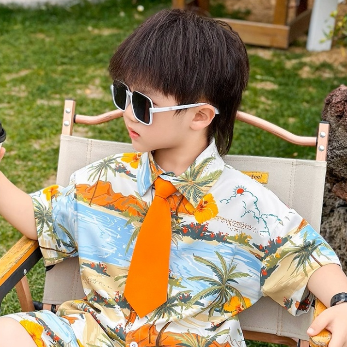 knowyou_NEW. ชุดเซ็ทขาสั้นเสื้อฮาวายเด็กลายชายหาด ผ้าไหมอีตาลีไม่หนาไม่บาง ใส่สบายระบายอากาศได้ดี