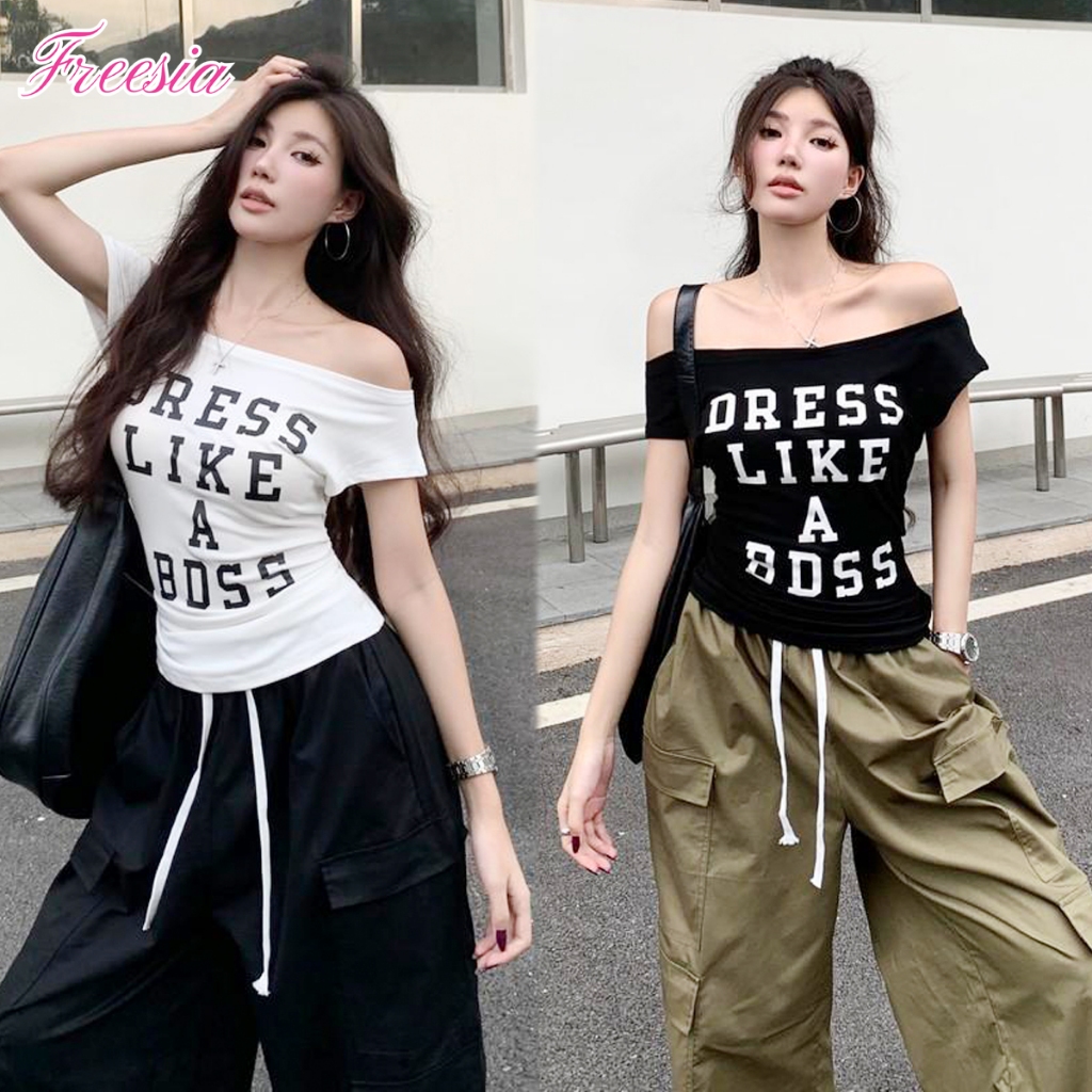 เสื้อยืดผู้หญิง เสื้อปาดไหล่ สาวY2K อักษรสวย ปาดไหล่เซ็กซี่#92317