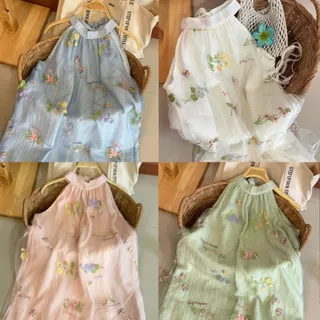 Iris dress เดรสยาวแขนกุดทรงปล่อย มีโบว์ผูกหลังคอ ผ้าเวลปัก มีซับใน (มีเชือกผูกเอว แยกชิ้น)