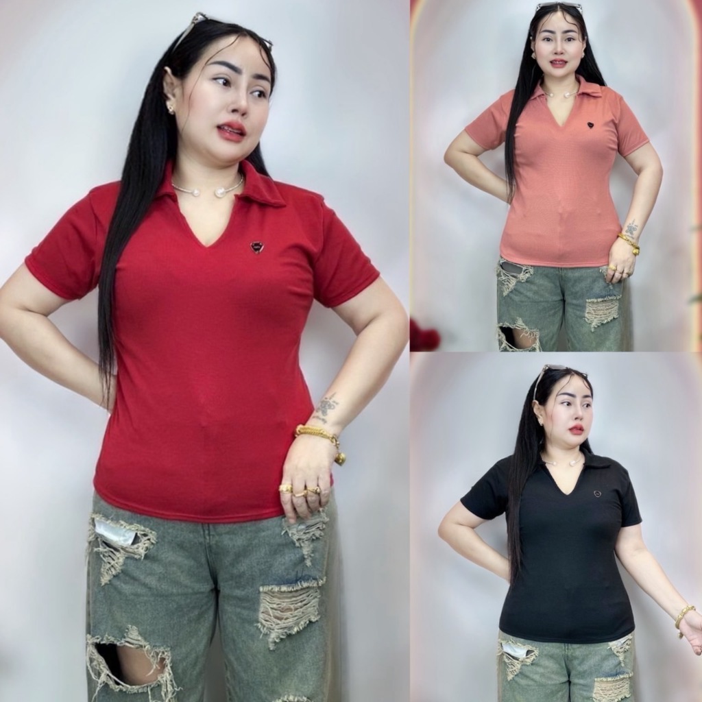 เสื้อคอปกสาวอวบ**อก 38-44ยาว24ผ้าร่องนิ่ม แต่งป้ายเหล็กทรงสวยดูดี**รุ่น แขนสั้นปกcps**