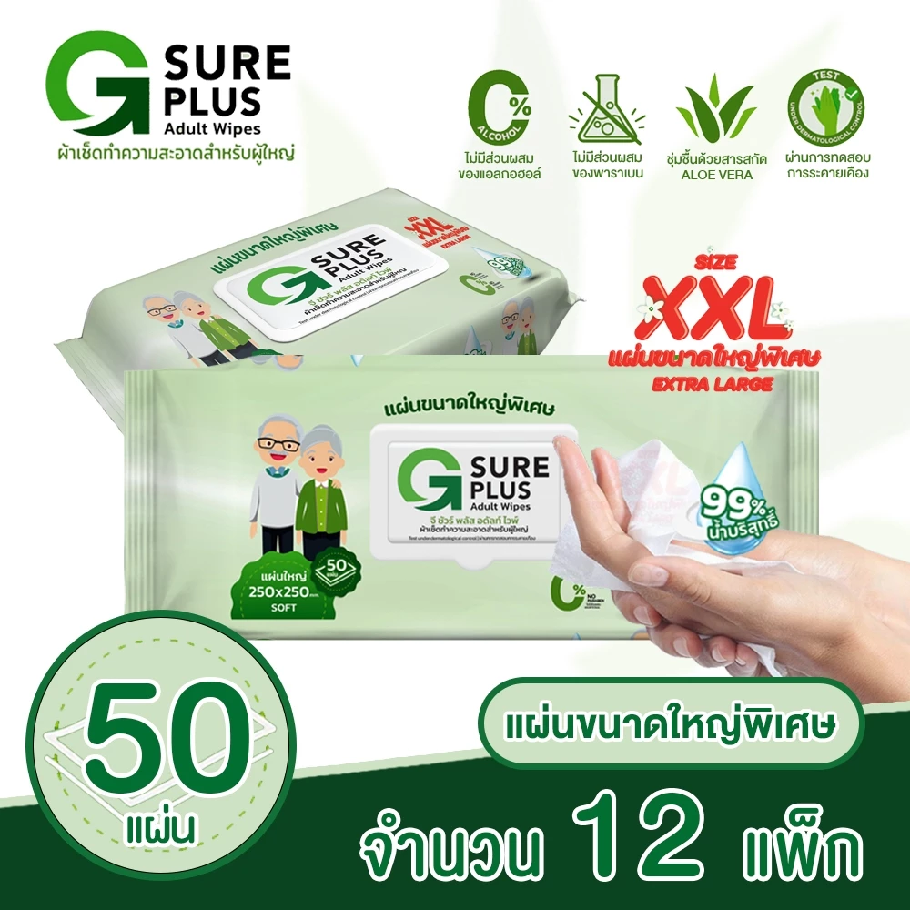 [KSG Official] (ยกลัง 12 แพ็ค) ผ้าเช็ดทำความสำหรับผู้ใหญ่ ผ้าเปียกเช็ดตัว ทิชชู่เปียก G SURE PLUS Adult Wipes