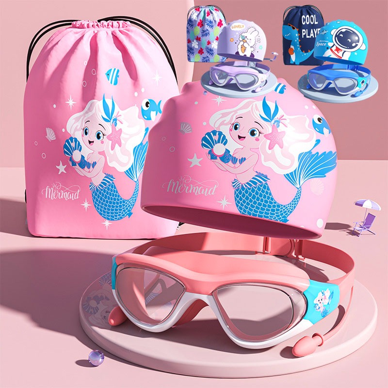 แว่นว่ายน้ำเด็ก+หมวกว่ายน้ำ+ซองกันน้ำ 3 ชิ้น กันน้ำและกันฝ้า ปรับระดับได้