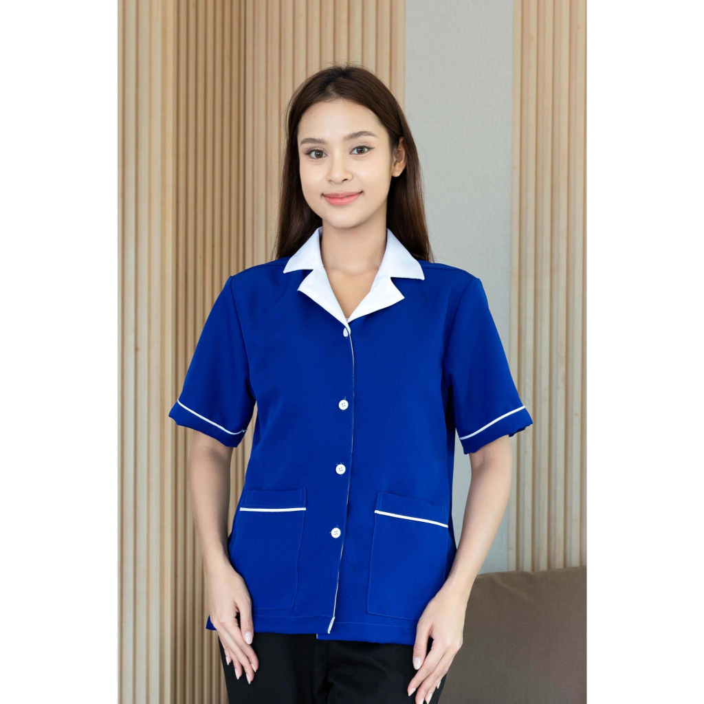 🚛🇹🇭 รุ่นขายดี! เสื้อยูนิฟอร์มแม่บ้าน คอฮาวาย มีกระเป๋า ใส่สบายคล่องตัวทุกการเคลื่อนไหว มี 7 สี S-4XL - รูปที่ 5