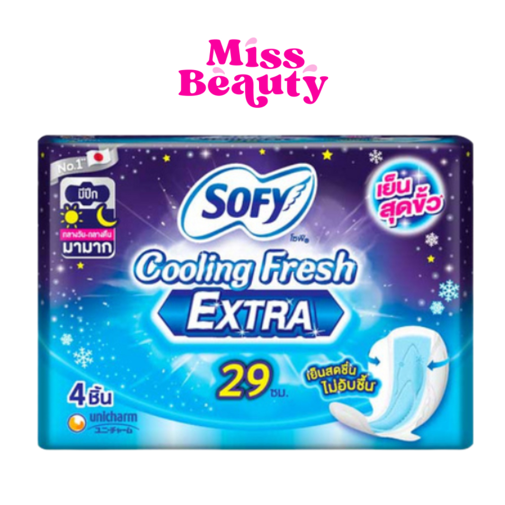 Sofy Cooling Fresh Extra โซฟี ผ้าอนามัยคูลลิ่ง เฟรช เอ็กซ์ตร้า มีปีก แบบกลางวัน-กลางคืน 29 ซม. 4 ชิ้น