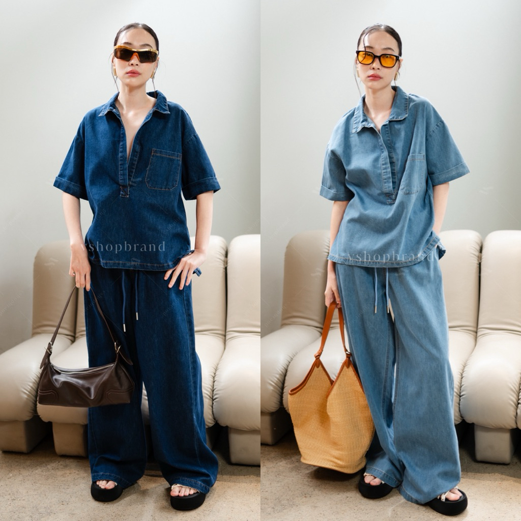 ชุดเซ็ตยีนส์ : 7357 เสื้อยีนส์แขนสั้น + กางเกง ชุดยีนส์เรียบหรู งานป้ายVshop