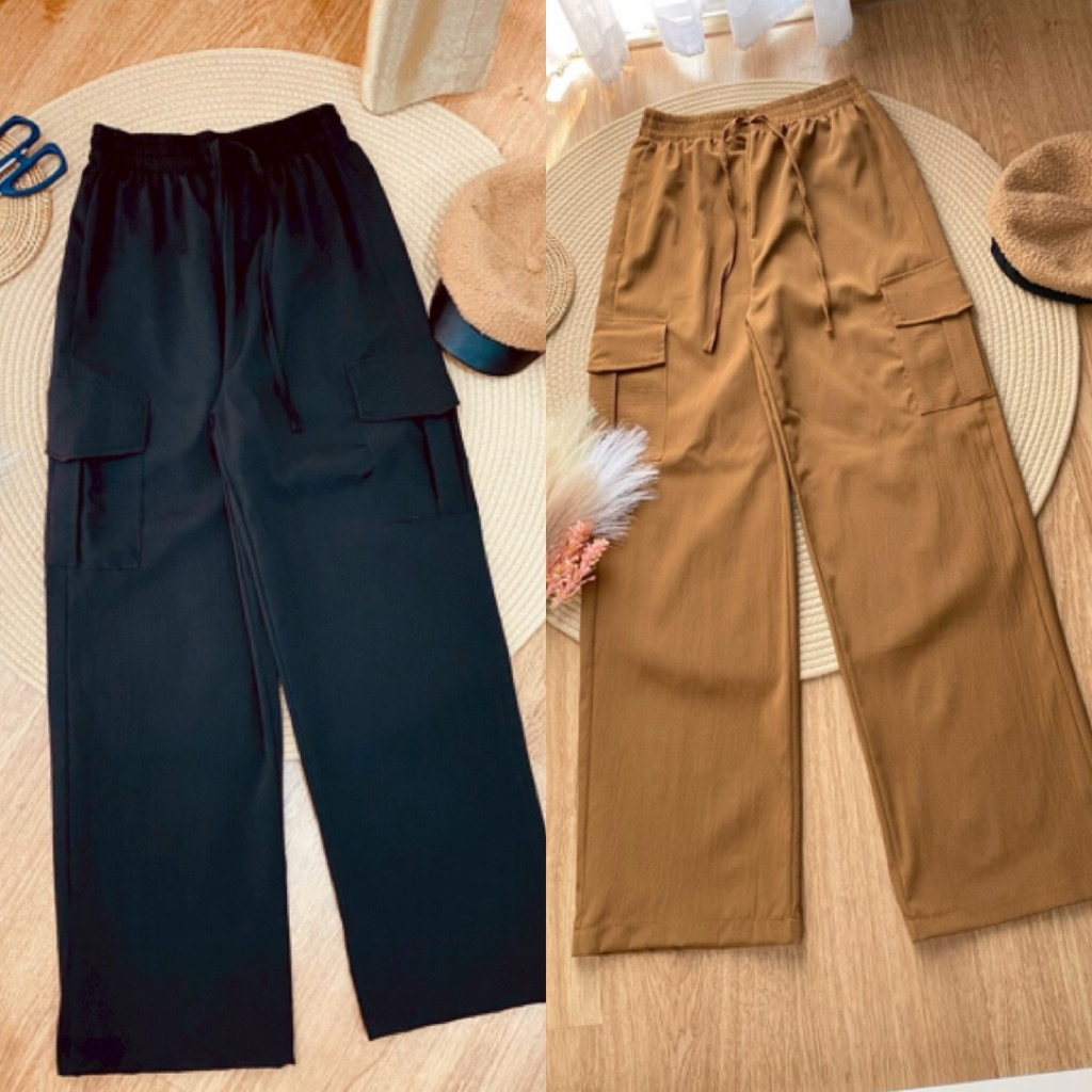 สินค้าพร้อมส่ง มีทั้งหมด8 กางเกงเอวสูง กางเกงคาร์โก้ผู้หญิง กระเป๋าตรง 2ใบ มีเชื