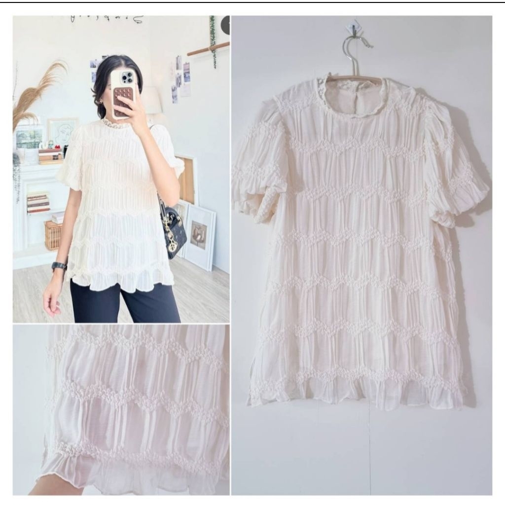 เสื้ออัดจีบย่น​ สีครีมมีซับใน​ ไม่คันจากร้าน #simple.par19