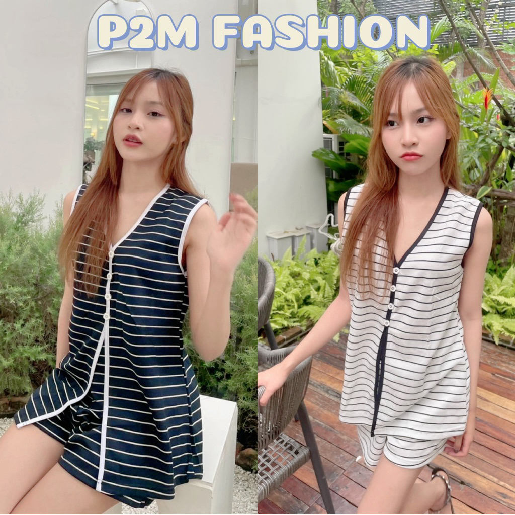 P2M Fashion ชุดเซตแขนกุด-ขาสั้น ลายริ้ว