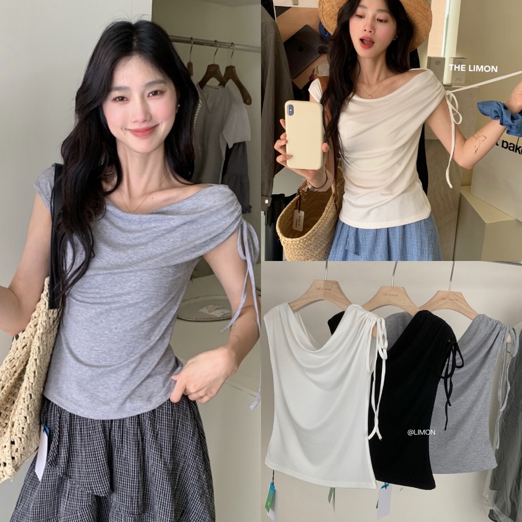 🧡🧵 🇰🇷 8760 เสื้อปาดไหล่ คอถ่วง ผ้ายืด ดีเทลจับจีบช่วงไหล่ แต่งเชือก แฟชั่นเกาหลี TAG KOREA 🧵🧡