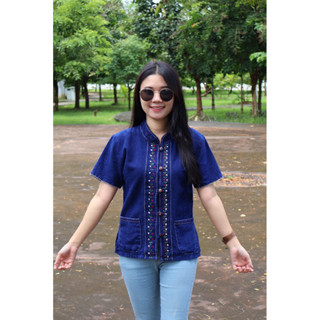 เสื้อหม้อฮ่อมแขนสั้นปักลายดอกไม้🌸อก36-42“🌸สินค้าใหม่‼️ซักไม่…