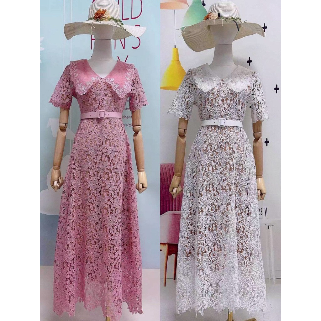 L ชุดเดรสลูกไม้ เดรสคอปก+เข็มขัด CLT