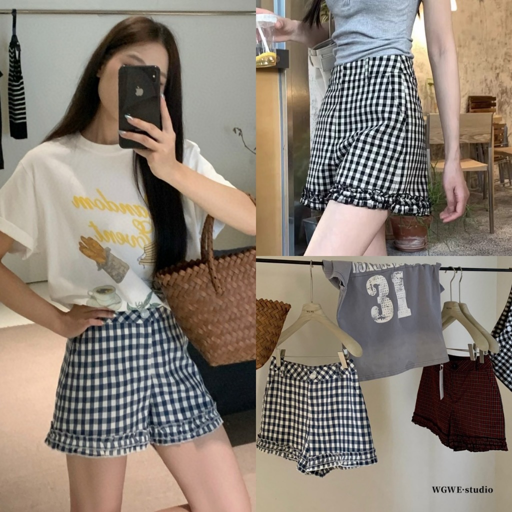 🧡🧵 🇰🇷 W5511 กางเกงขาสั้น ลายตาราง ชายแต่งผ้า น่ารักมากแฟชั่นเกาหลี TAG WG.WE 🧵🧡